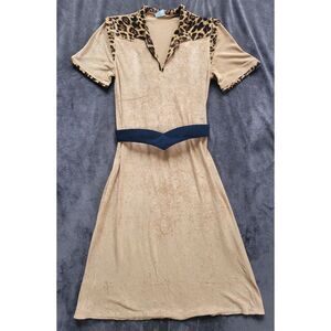 Vintage 1970s Animal Cheetah Print Shirt Day Dress Belted France Velvet‎ Retro S